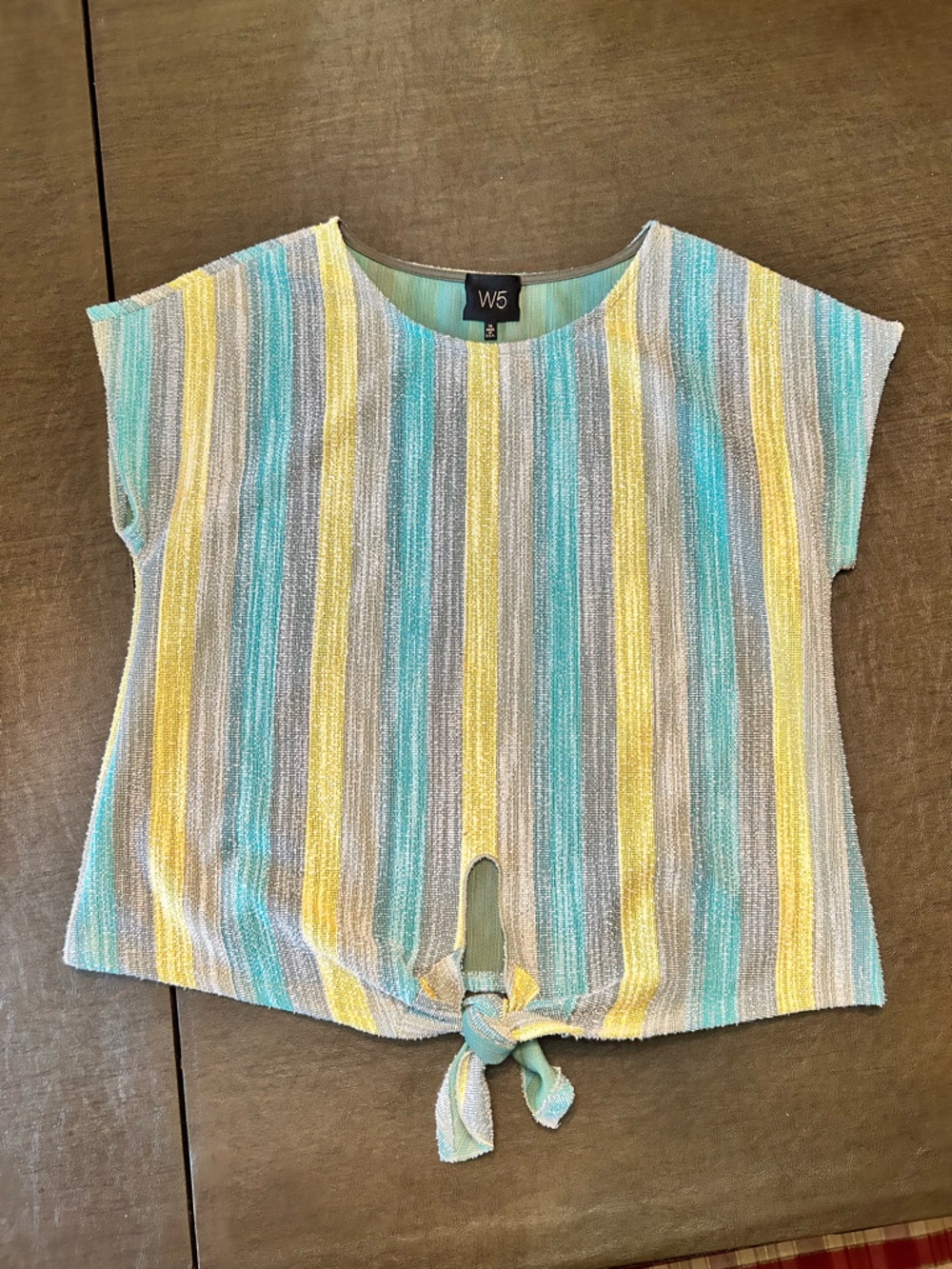 W5 Anthropologie Striped Tie-Front Top in Yellow, Aqua & Gray